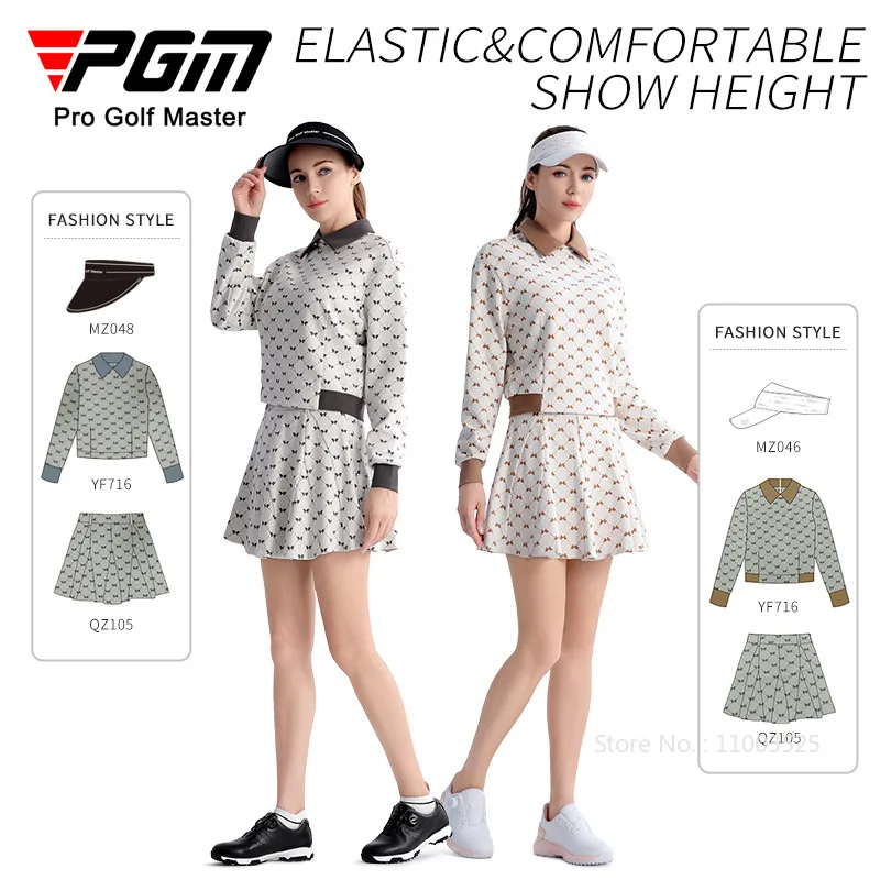 Pgm Golf Long Sleeved T-shirt Women Autumn Winter Printed Warm Tops High End Sports Skirt Lady A-lined High Waist Casual Skorts