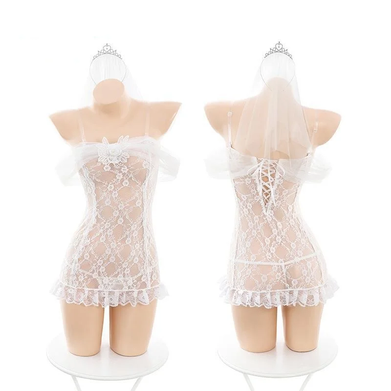 New Fashion Women\'s Sexy Lace Transparent Lingerie Wedding Dress Adult Lady Erotic Cosplay Bride Babydoll Honeymoon Fliter Dress