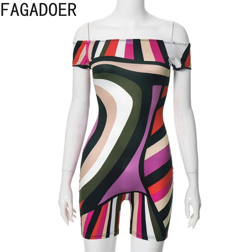 FAGADOER Sexy Colorful Stripes Print Off Shoulder Bodycon One Pieces Rompers Women Backless Short Sleeve Slim Jumpsuits 2024 New