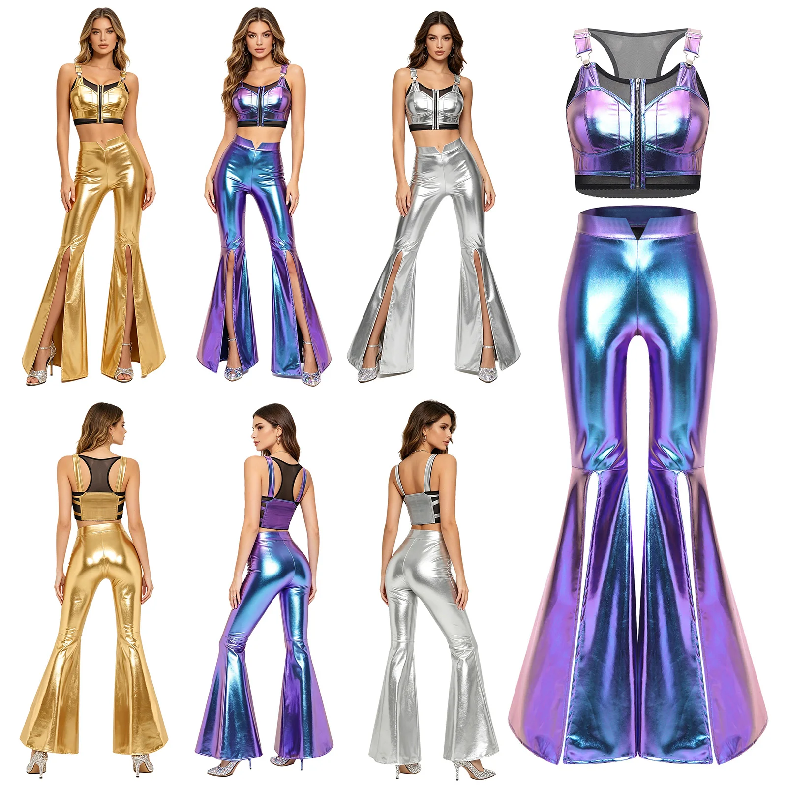 women-metallic-shiny-70s-disco-jazz-dance-costume-sheer-mesh-adjustable-straps-zipper-vest-with-flared-pants-clubwear-dancewear