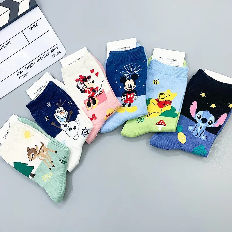 Cartoon Girl Sock Mickey Minnie Stitch Cute Print Animal Mickey Donald Women Socks Cute Harajuku Cassual Cotton Girl Sock Size