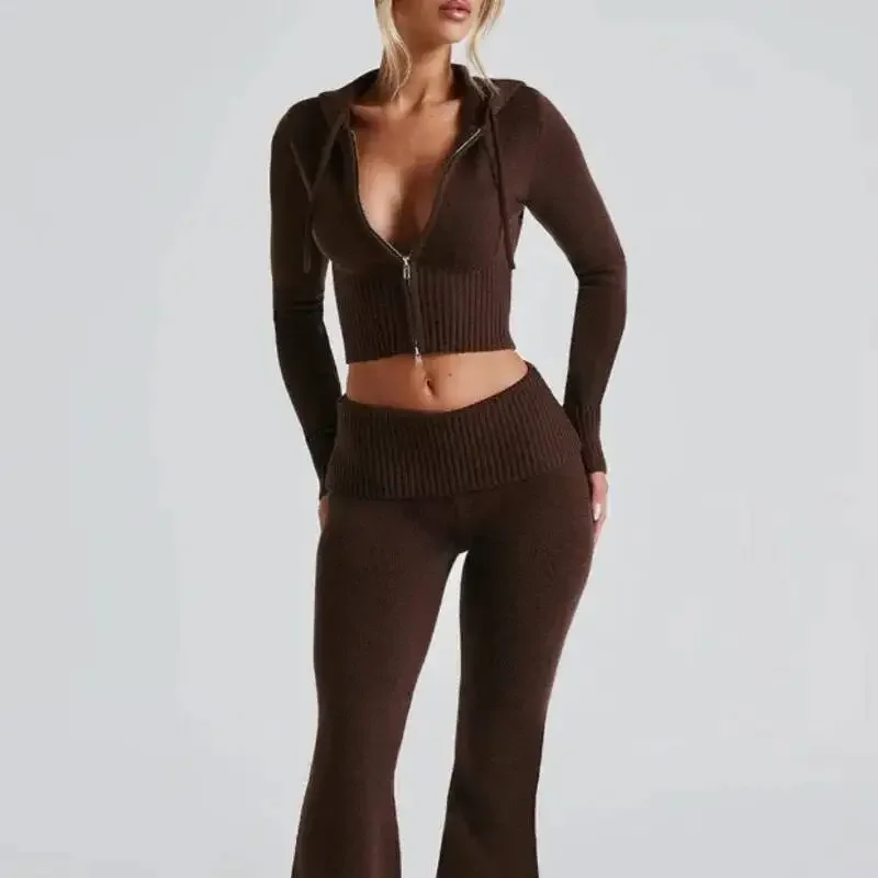 Fashion Women Ribbed Knit 2 Piece Outfits Long Sleeve Zipper-Up Slim Fit Hooded Crop Top Elastic Long Pants Set Y2K Tracksuits