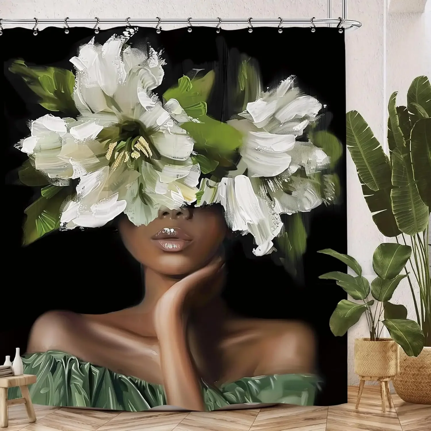 

Афро-американская оливково-зеленая занавеска для душа, черная девушка, цветок, картина маслом, аксессуары для ванной комнаты, украшение с 12 крючками