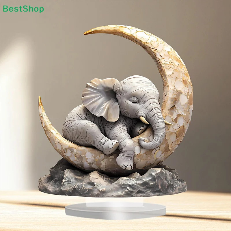 ♥Sleeping Baby Elephant on Moon Statue - Decorative Resin Figurine, Cute Home Desk Ornament for Room Decoration