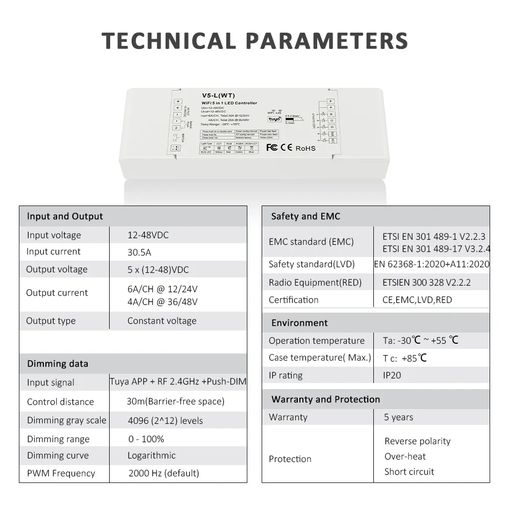 V5-L(WT) Tuya App 5CH*6A DC12-48V WiFi & RF 5 in 1 Led Controller T15/T15-1 AC100-240V 4Zones RGBW+CCT Strip Remote Controller
