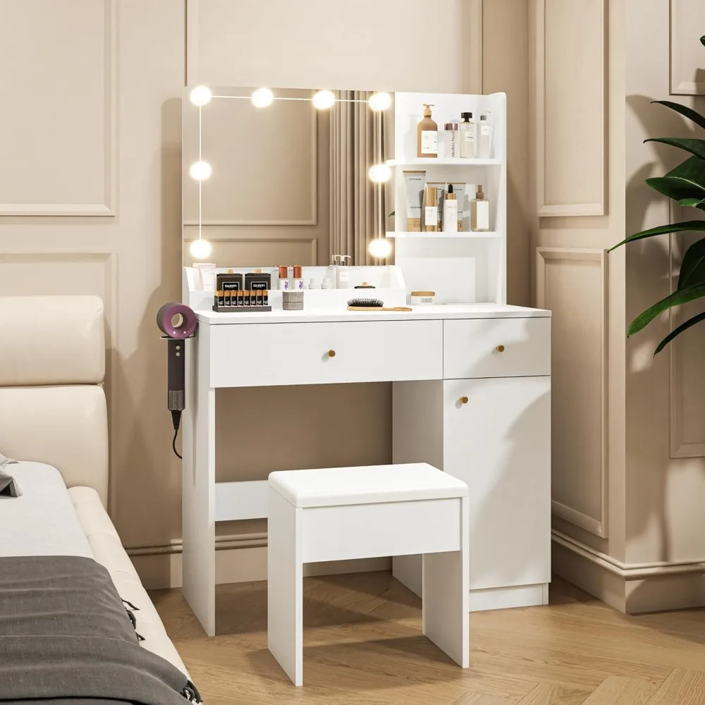 

Vanity Desk with Mirror and Lights Dimmable LED Makeup Table with Drawers 2 Side Cabinet 3 Storage Shelves Power Outlet Dressing