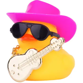 Adornos de pato de goma para coche, decoraciones para salpicadero de coche de pato amarillo con instrumentos musicales, Mini sombrero de copa, collar de gafas de sol para guitarra