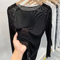 Ijs Gaas Bodem Blouse Vrouwen Zomer Transparante Zonnebrandcrème Zand T-shirt Lange Mouwen Perspectief Huid Jas Kanten Top
