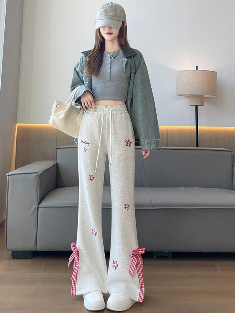 Women Autumn Winter New Butterfly Knot Micro Flared Long Trousers High Waist Slimming Design Sense Drapey Casual Pants