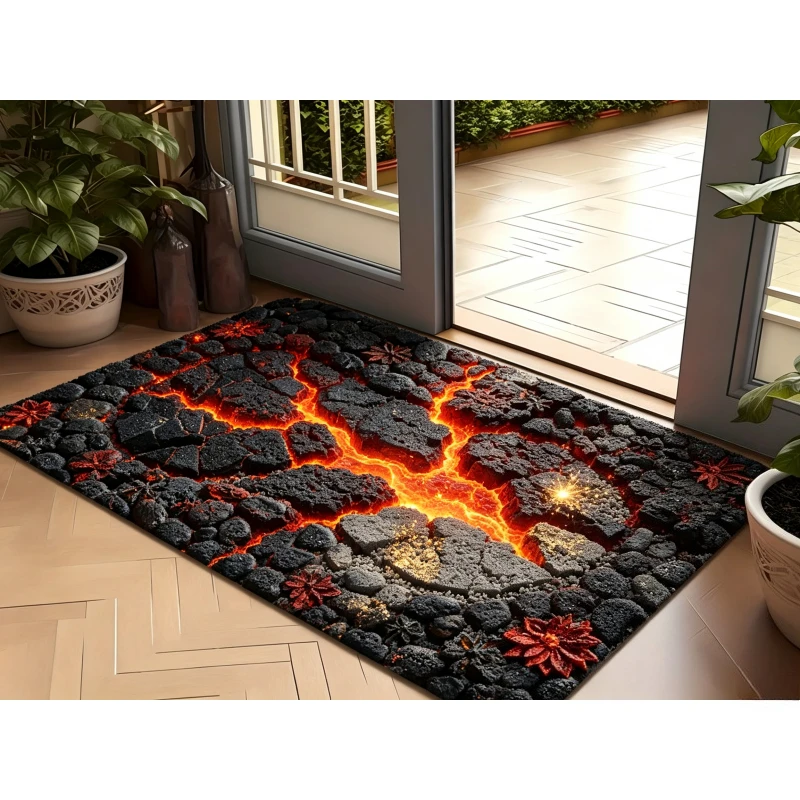 Glowing Lava Rock Rectangular Carpet Volcanic Crack Stone Fiery Lava Creative Landscape Design Area Rug for  Home Decor