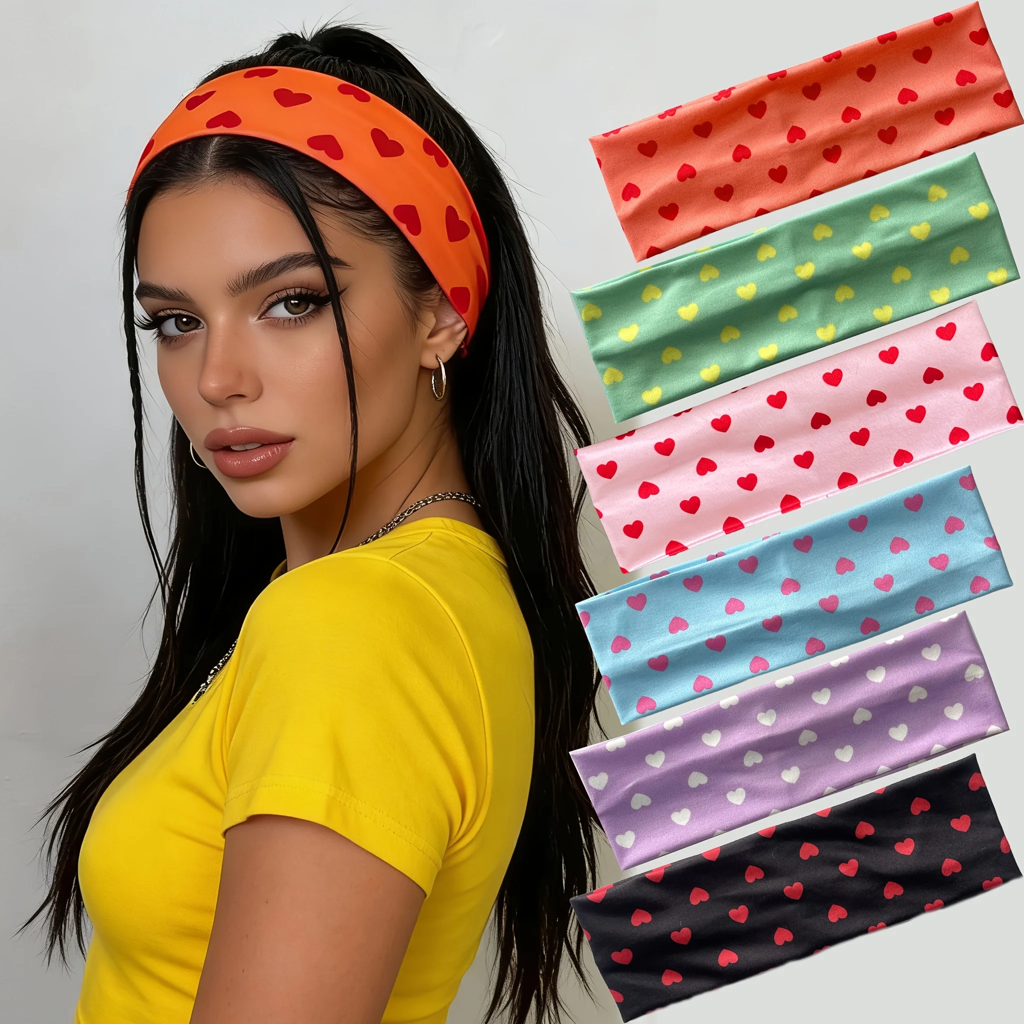 

3pcs New Love Heart Print Fashion Headband Women'S Sports Outdoor Vacation Yoga Fitness Sweat-Absorbent Headband Hair Additions.