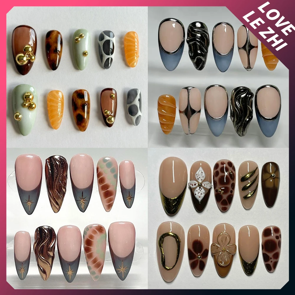 

Hand-Painted Almond Flowers Handmade Fake Nail Leopard Print Metallic Flower Cherry Customizable Shape Full Cover Nail Tips