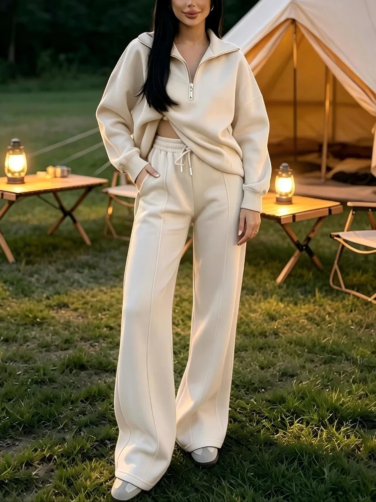 New casual and sporty two-piece set, stand-up collar pullover long-sleeved sweatshirt, wide-leg long pants for women's clothing