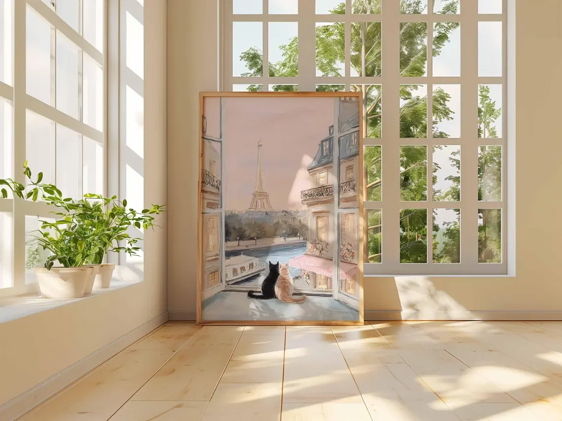 Paris Cat Wall Art Print, Eiffel Tower Window View Poster, Romantic French Apartment Decor, Whimsical Paris Cats Illustration view 5