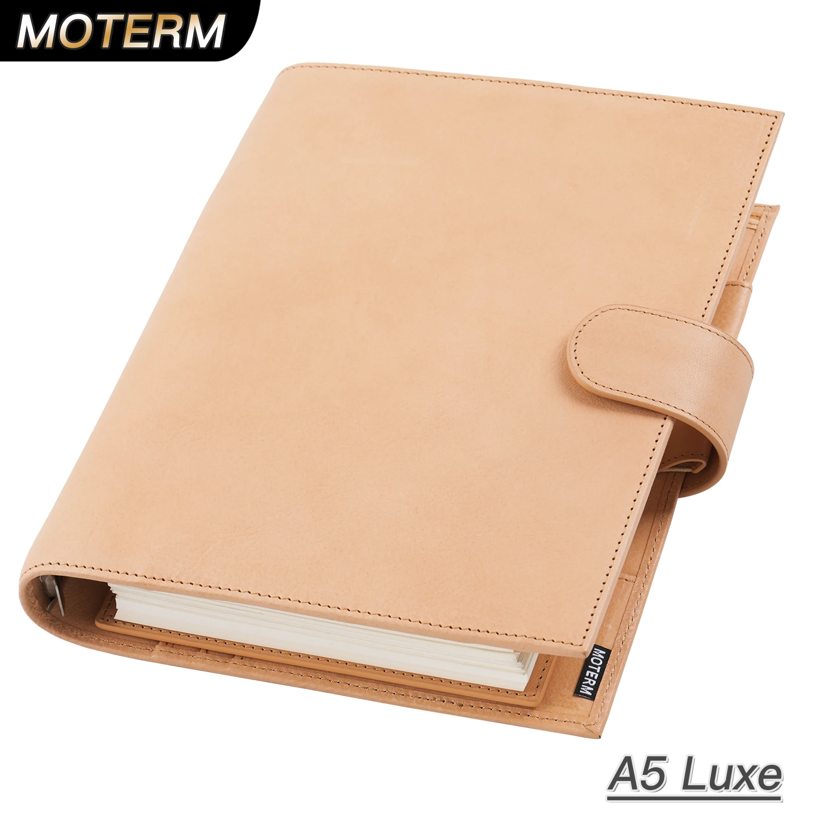 Moterm A5 Size Luxe Rings Planner Full Grain Veg Tanned Leather Notebook with Back Pocket Organizer Notepad Journal Sketchbook