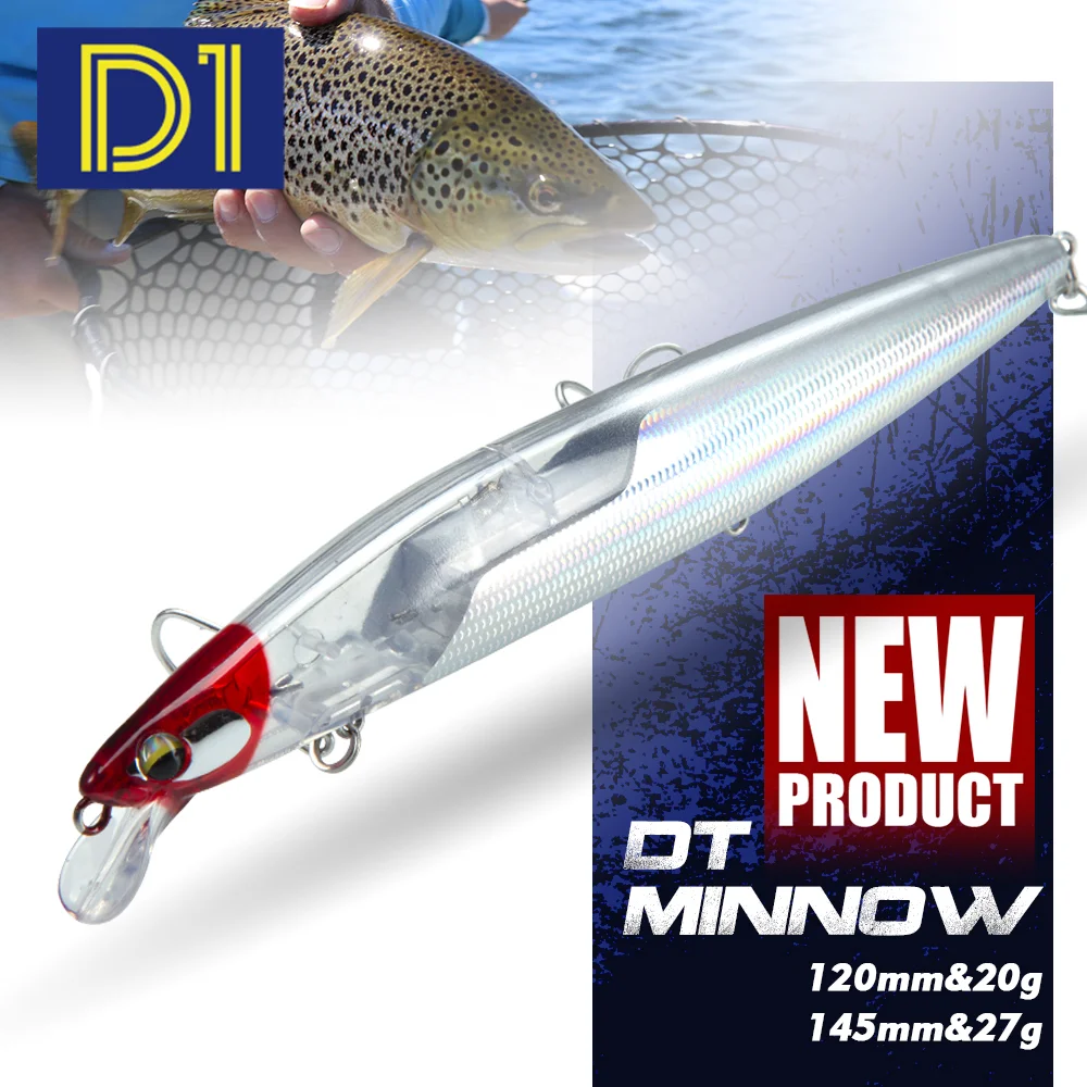 D1 Galleggiante Minnow Richiamo di Pesca 120mm20g/145mm27g Flash Flake Wobbler Esche Sistema di Cursore di Peso Per Luccio Bass Tackle