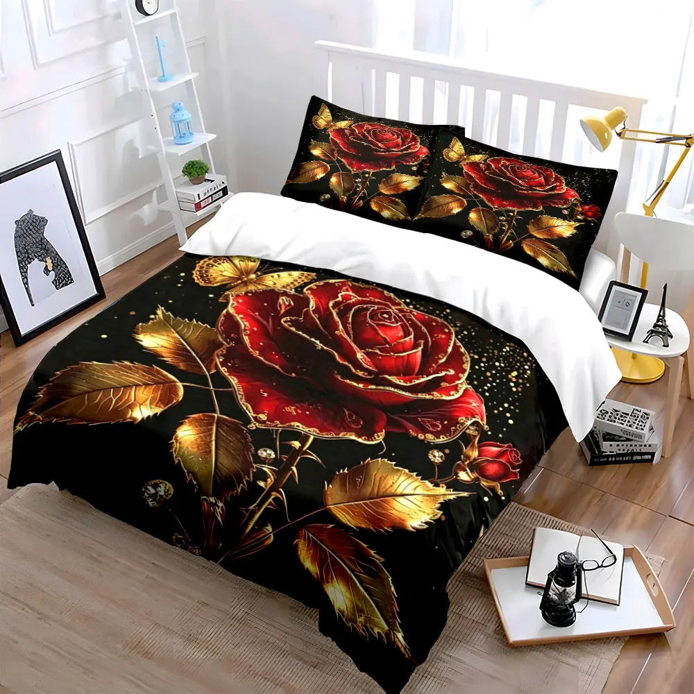 3pcs Golden Rose Bed Cover Set (1 Bed Cover + 2 Pillowcases), High-Definition Print for Home And Dorm Use, Gift for Family