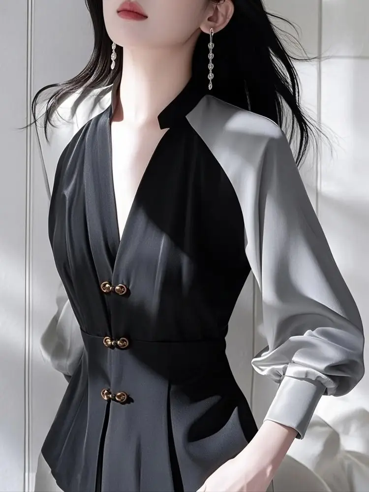 New Chinese Style National Wind Button-up Top With High-end Temperament And Waist-cinching Fashion All-match Shirt