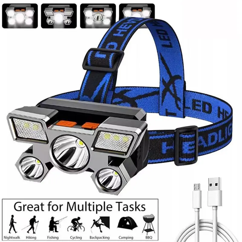 Outdoor high-intensity headlamp, five-head headlamp, mining lamp, night fishing lamp, USB rechargeable airplane light, outdoor