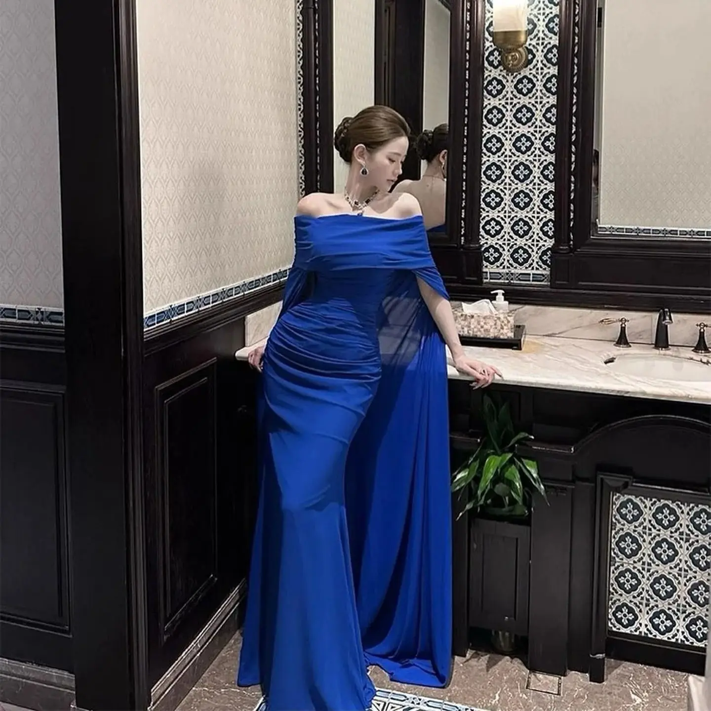 

Adeli Elegant Blue Prom Gown Women Off Shoulder Chiffon Party Evening Dress Floor Length Formal Occasion Dresses customized