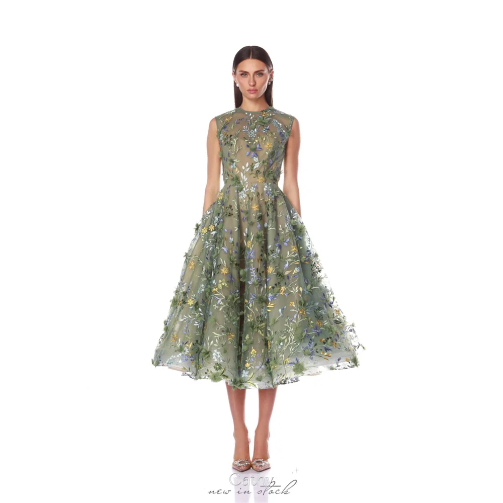 فستان كاثي مخصص باللون الأخضر برقبة دائرية ومطرز رائع للحفلات الراقصة بدون أكمام وسحاب خلفي من vestidos de noiva على شكل حرف a بطول الشاي Foraml 2025