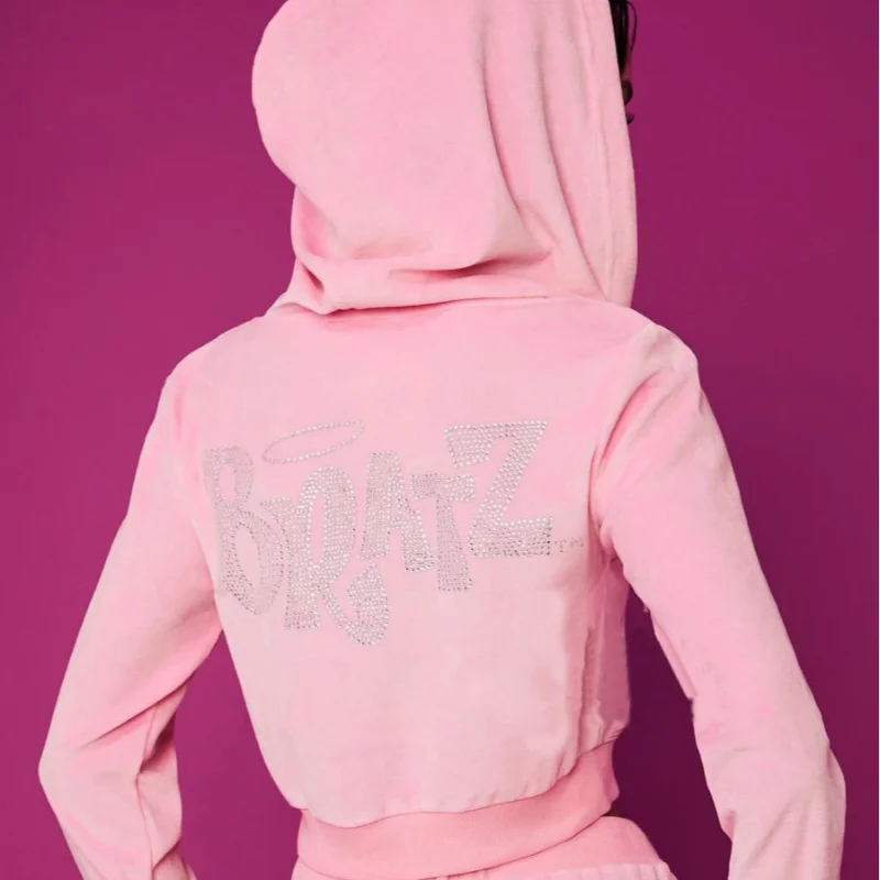 سترة نسائية y2k خمر الشارع الشعر هوديي الوردي قصيرة هوديي حجر الراين النسيج المطبوعة الرياضة المرأة قمم