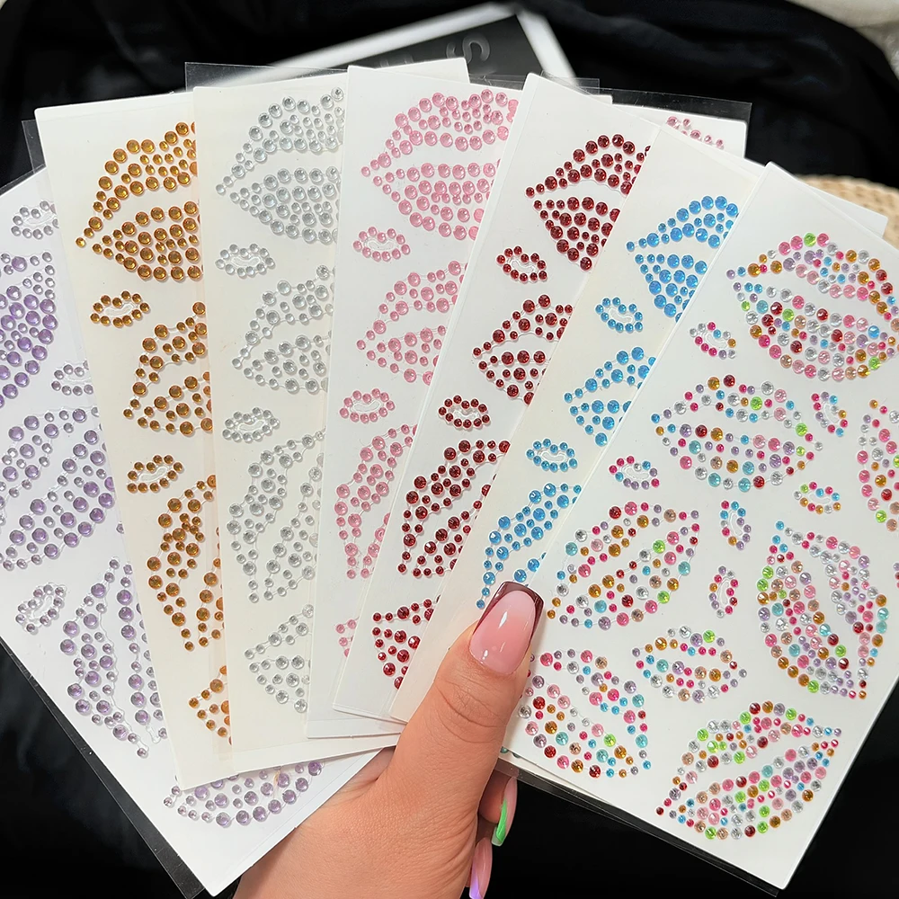 2Sheets 3D Valentine's Lips Gems Face Tattoo Stickers Sexy Kiss Print Rhinestones Temporary Tattoos for Party Makeup Body Decals