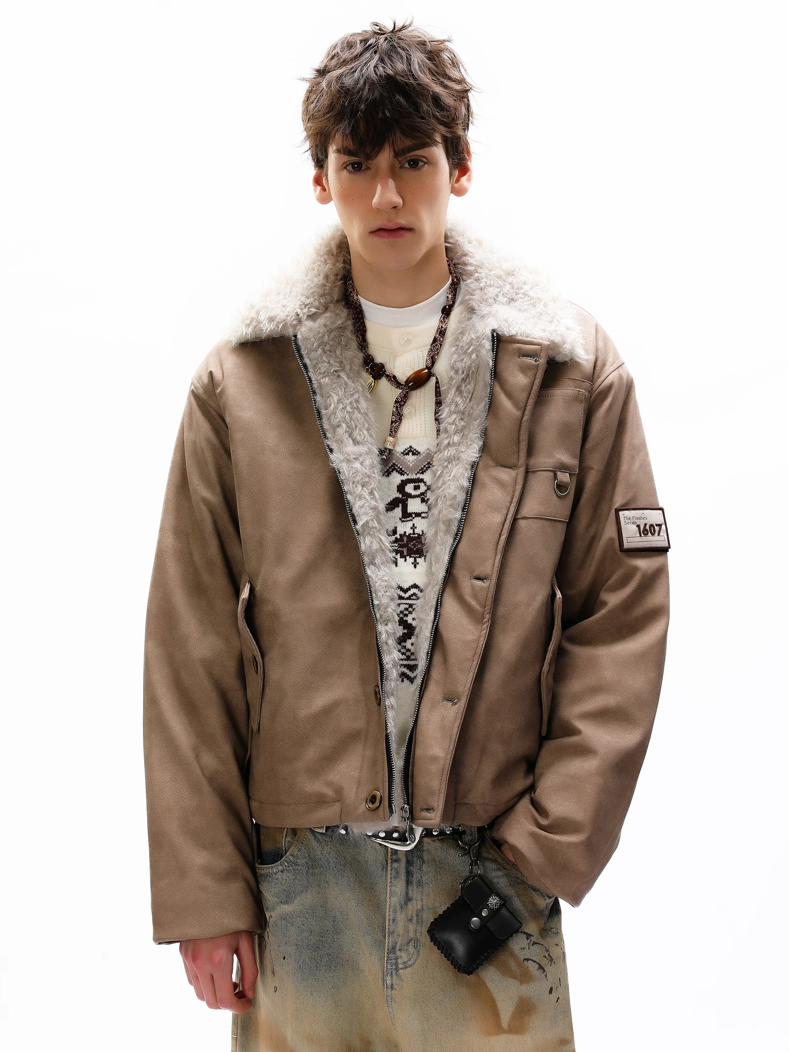 

American Sle Heavyweight PU Leather Fur Collar Pilot Jaet Cotton Outerwear Men's Mural Cotton Jaet Coat