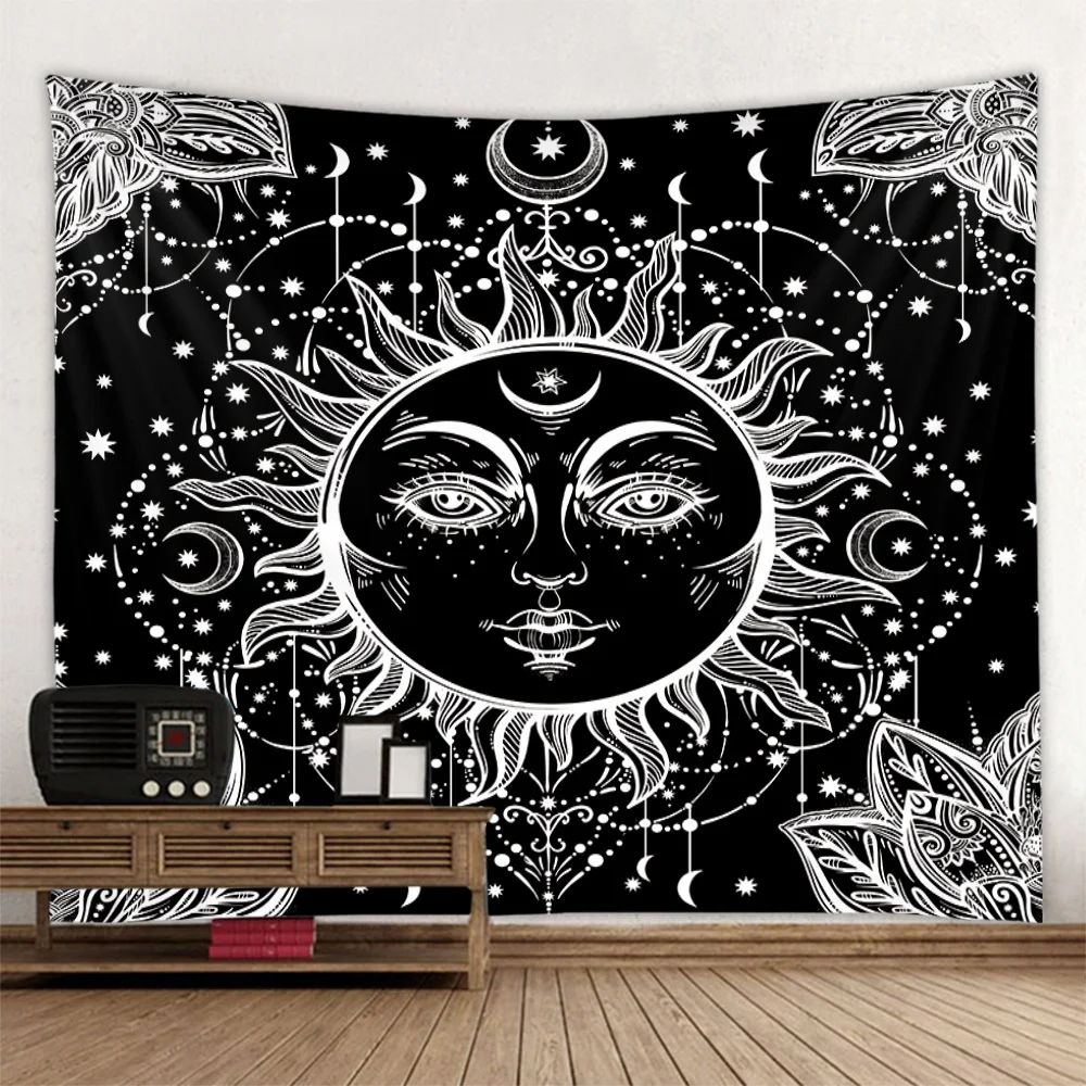 Sun Moon Tapestry Mandala Black and White Wall Hanging Cloth Tarot Cards Hippie Wall Carpet Home Art Decoration Tablecloth