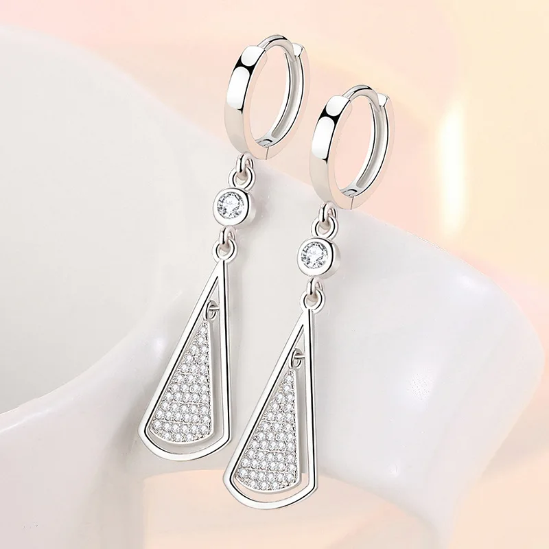 KOFSAC Gorgeous Triangular Water Drop Shape Zircon Drop Earrings for Women Evening Party Elegant Classic 925 Silver Jewelry