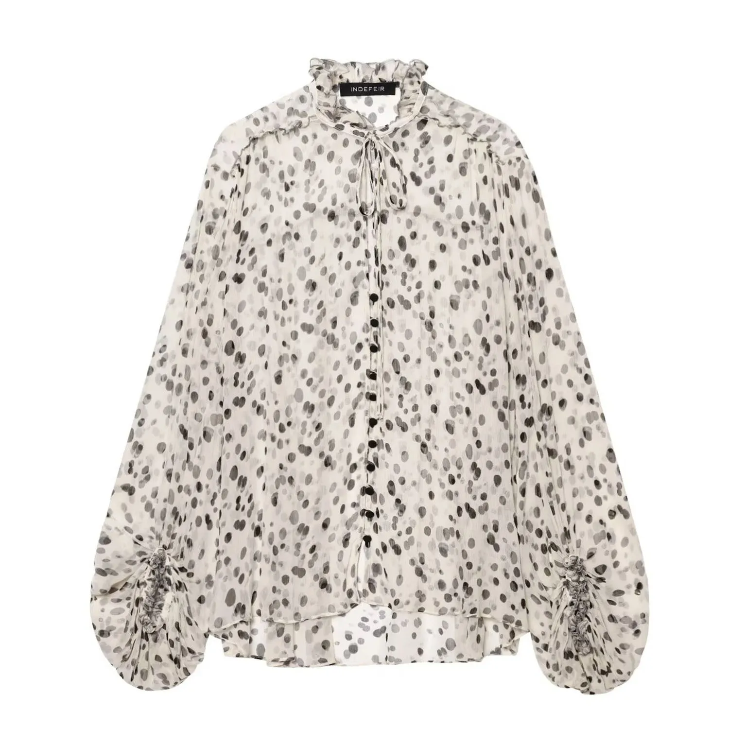 

2025 Women's Vintage Loose Transparent Dot Printed Chiffon Ruffles Shirts Lady Elegant Pink High Street Lace-up V-neck Blouses