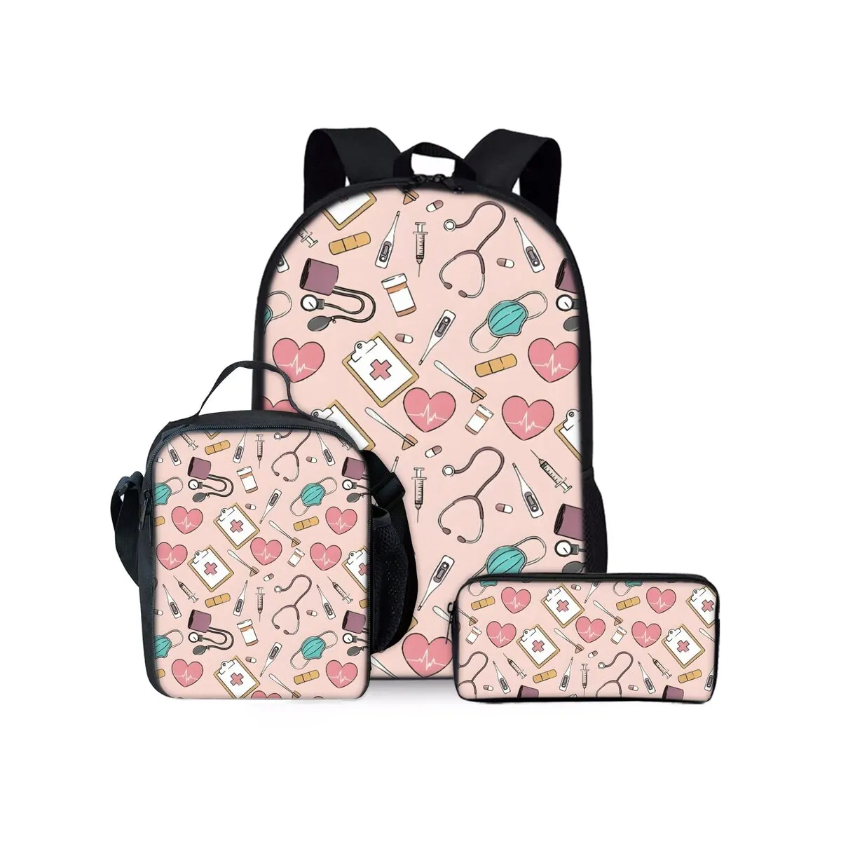Medical Care Print Three Piece Backpacks Set for Boy and Girls Best Gifts 2D Flat Cartoon School Bag for Children