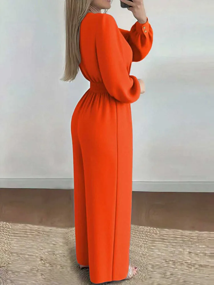 

Fashion Commuting Belt Lace-Up Wide Legger Romper Casual Long Sleeve Women's Playsuit Autumn Elegant V-neck Solid Long Jumpsuits