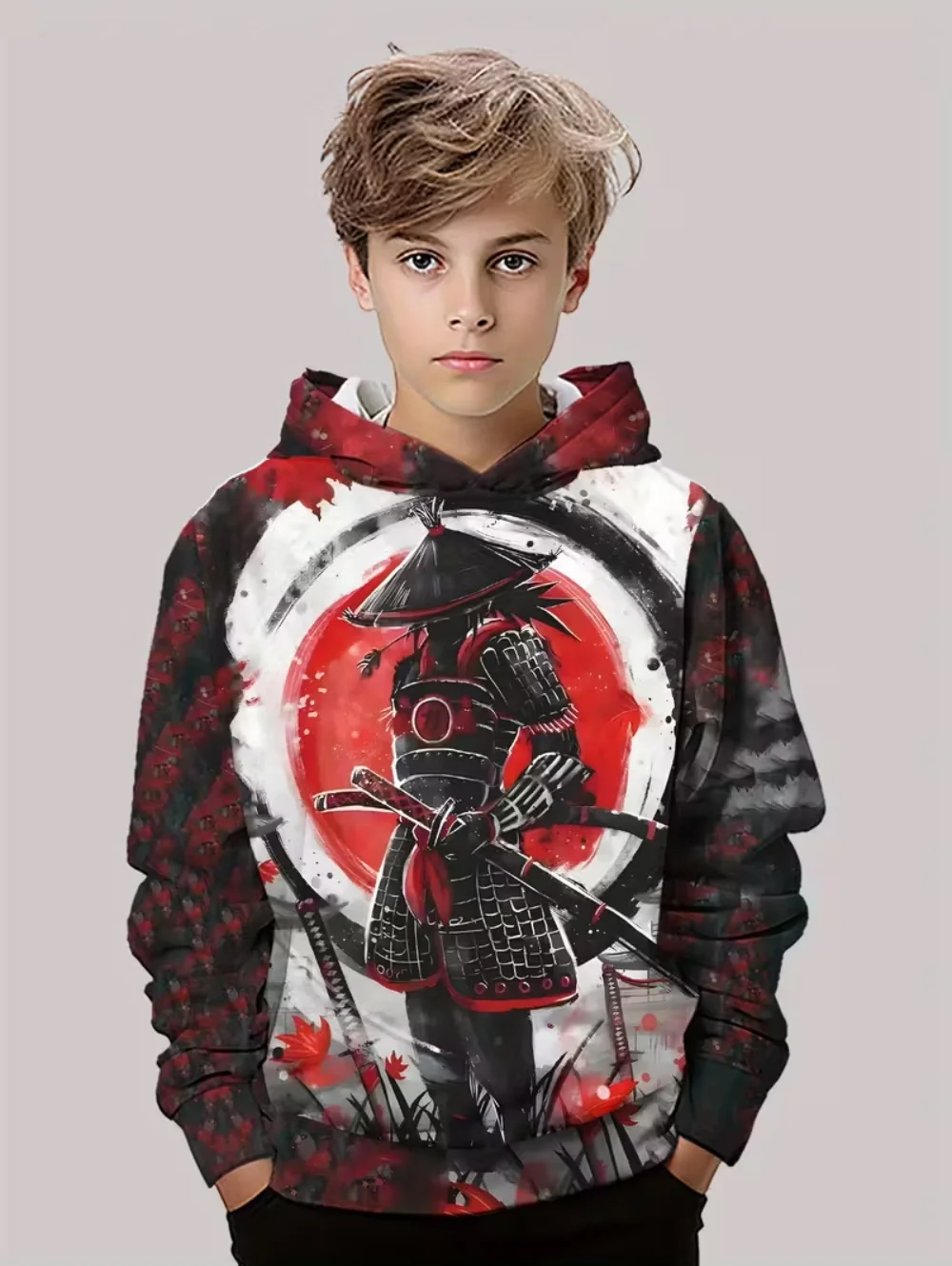 

Japanese Samurai Hoodies for Kids Harajuku Street Pullover 3D Print Top Mysterious Culture Sweatshirt Loose Children's Clothing