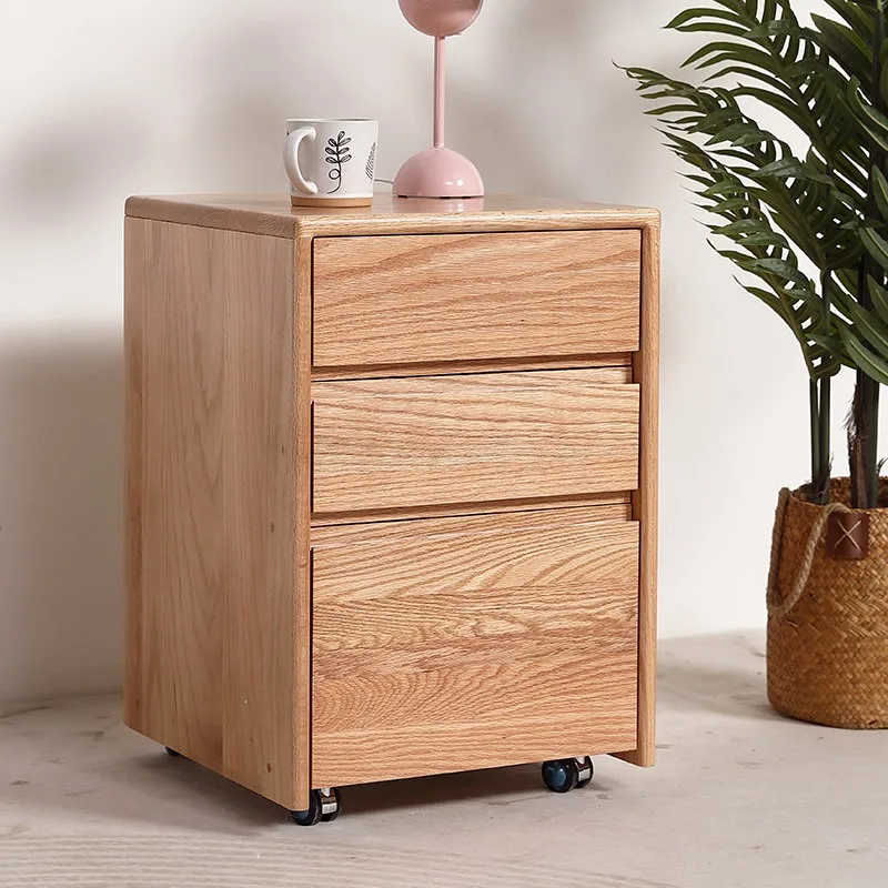 Solid wood children's three-bucket cabinet modern simple oak with wheels household bedroom bedside table storage cabinet pulley