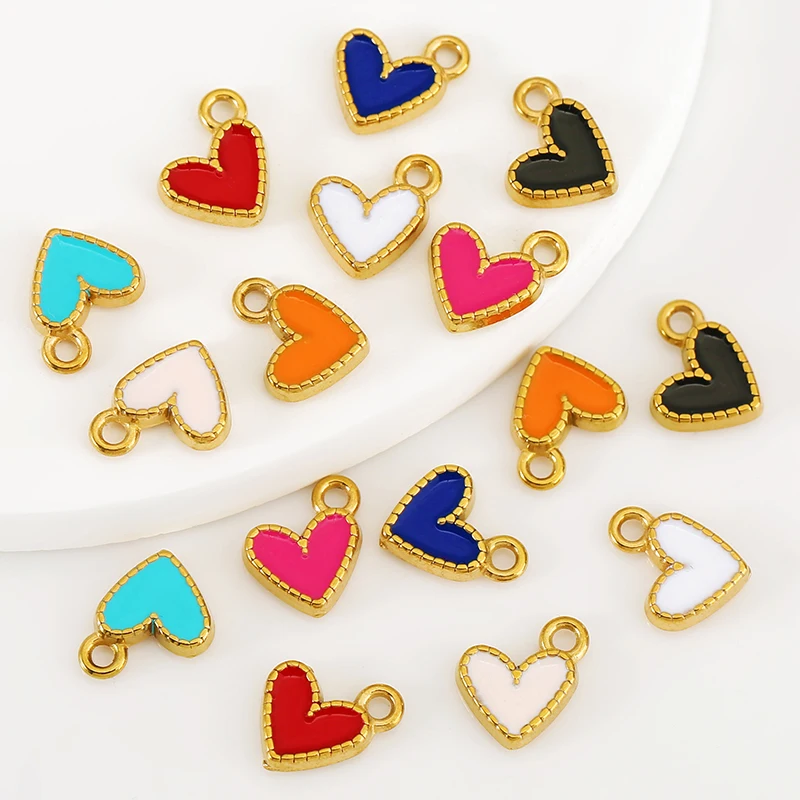 10pcs Stainless Steel Cute Colorful Charms Small Heart Gold Plated Enamel Pendant for DIY Bracelet Necklaces Jewelry Making