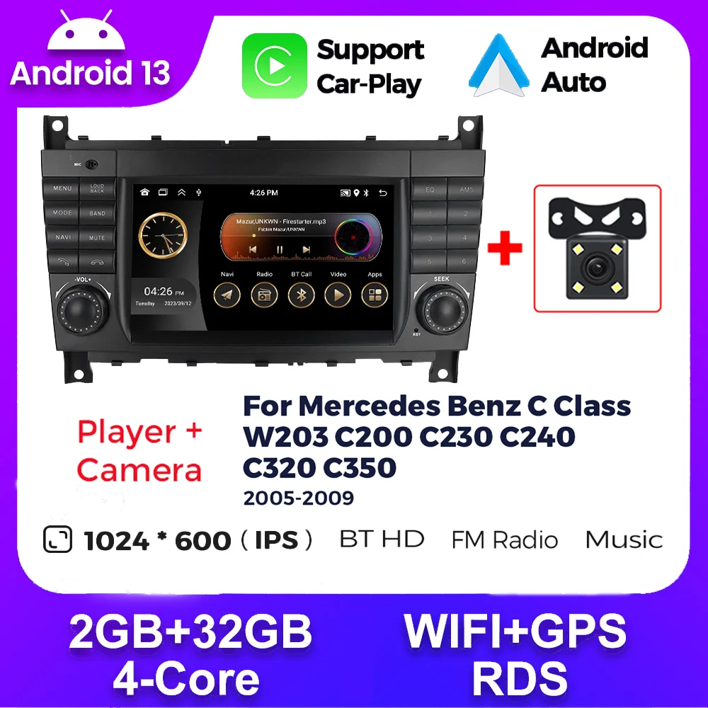 Navifly 7 Inch Touch Screen Android 13 Intelligent System Car Radio For Mercedes Benz C Class W203 C200 C180 C220 CLK240 CLK320