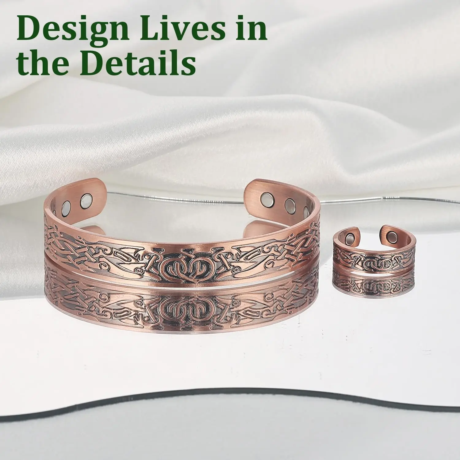 ARADOO Vintage-Kupfer-Armband- und Ring-Schmuckset für Männer und Frauen – 3500 Gauss starke Magnetfeldtherapie-Armreifen