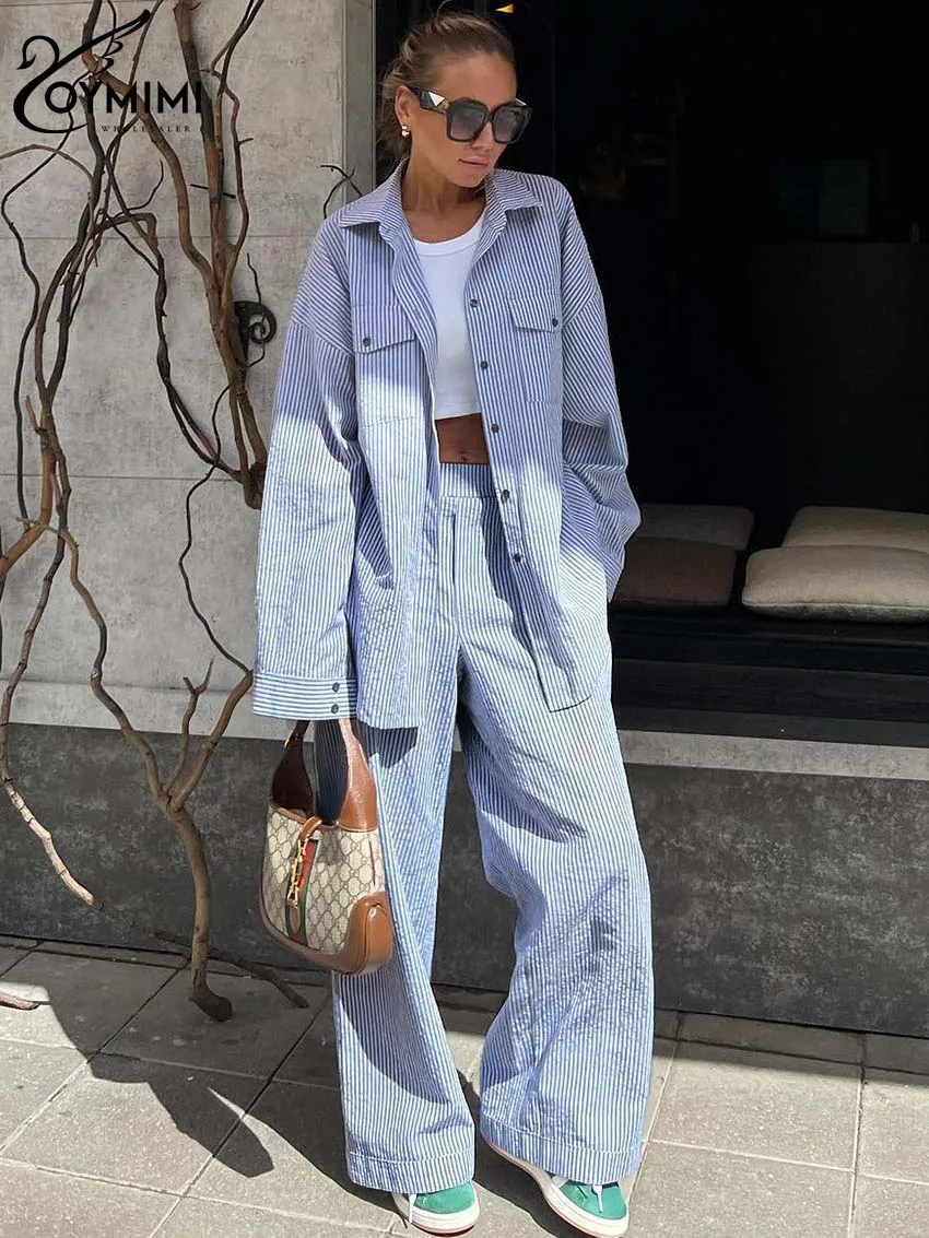 Oymimi Casual Dark Blue Print Women's Two Pieces Set Elegant Long Sleeve Button Shirt And Low Waist Straight Trousers Female Set