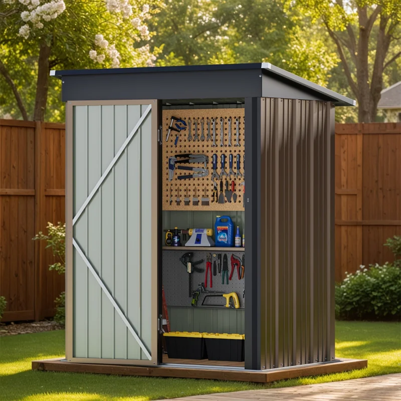 5x3 FT Metal Shed with Sloping Roof and Lockable Door, Outdoor Storage Tool Shed for Backyard Garden Patio Lawn