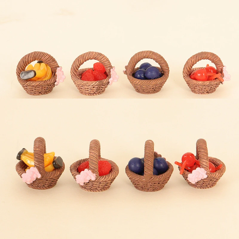 1Set 1:12 Dollhouse Miniature Fruit Basket Simulation Strawberry Blueberry Banana Basket Kitchen Scene Model Bamboo Basket Toy