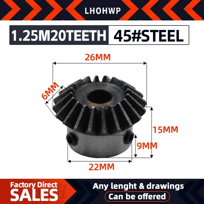 2pcs Bevel Gear 1.25M 20Teeth Inner Hole 8/10 mm Gear 90 Degrees  Meshing Angle Steel Gears Screw Hole M5