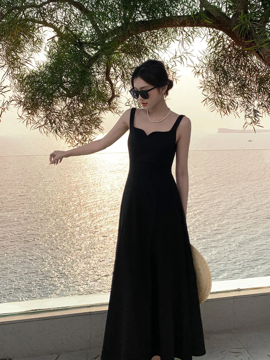 

Elegant Midi Dress French Style 2025 Women New Summer Solid Spaghetti Strap Beach Vocation Chic Female Casual Vestidos C163