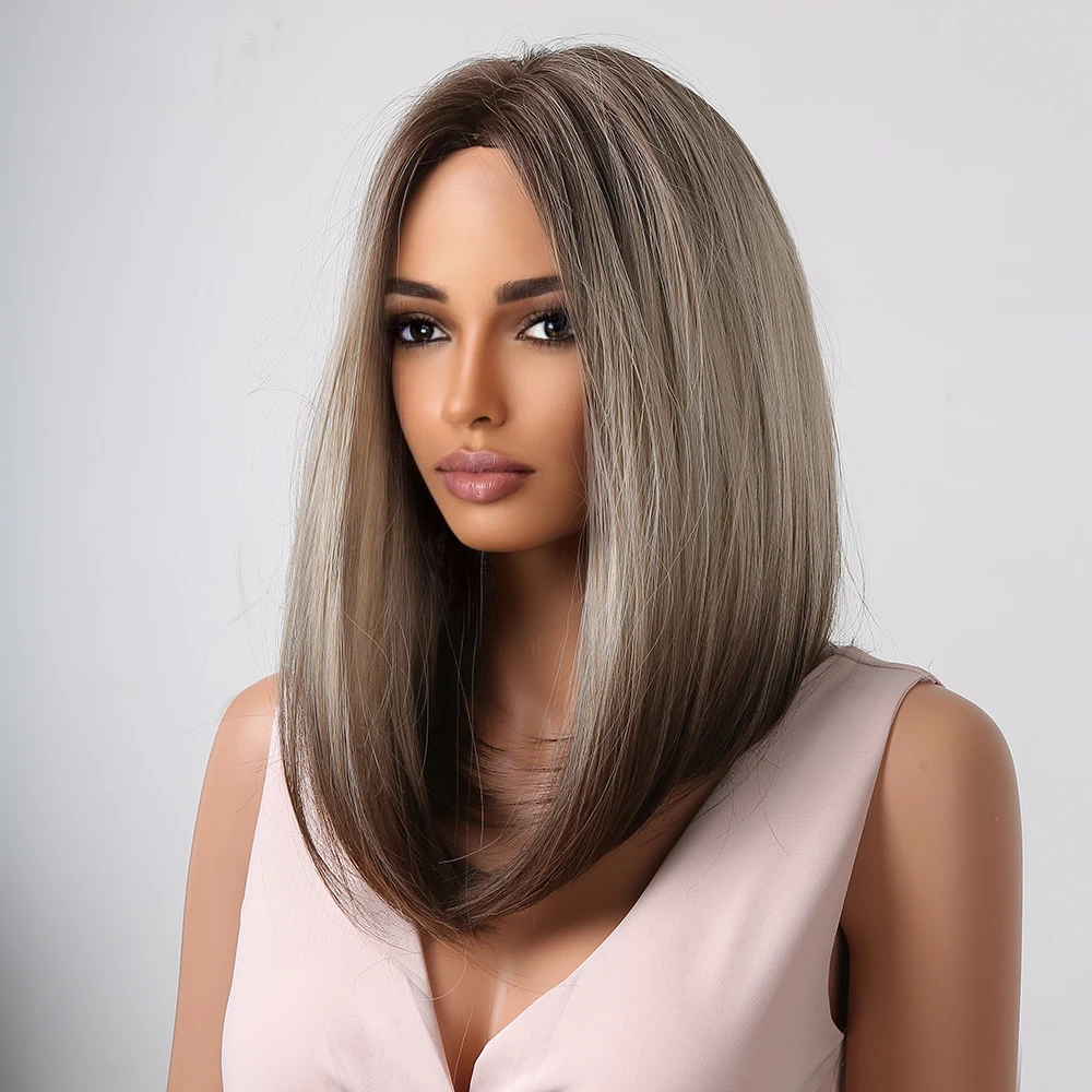Brown Ash Blonde Straight Synthetic Wig for Black Women Ombre Brown Medium Length Party Cosplay Hair Heat Resistant Natural Wigs
