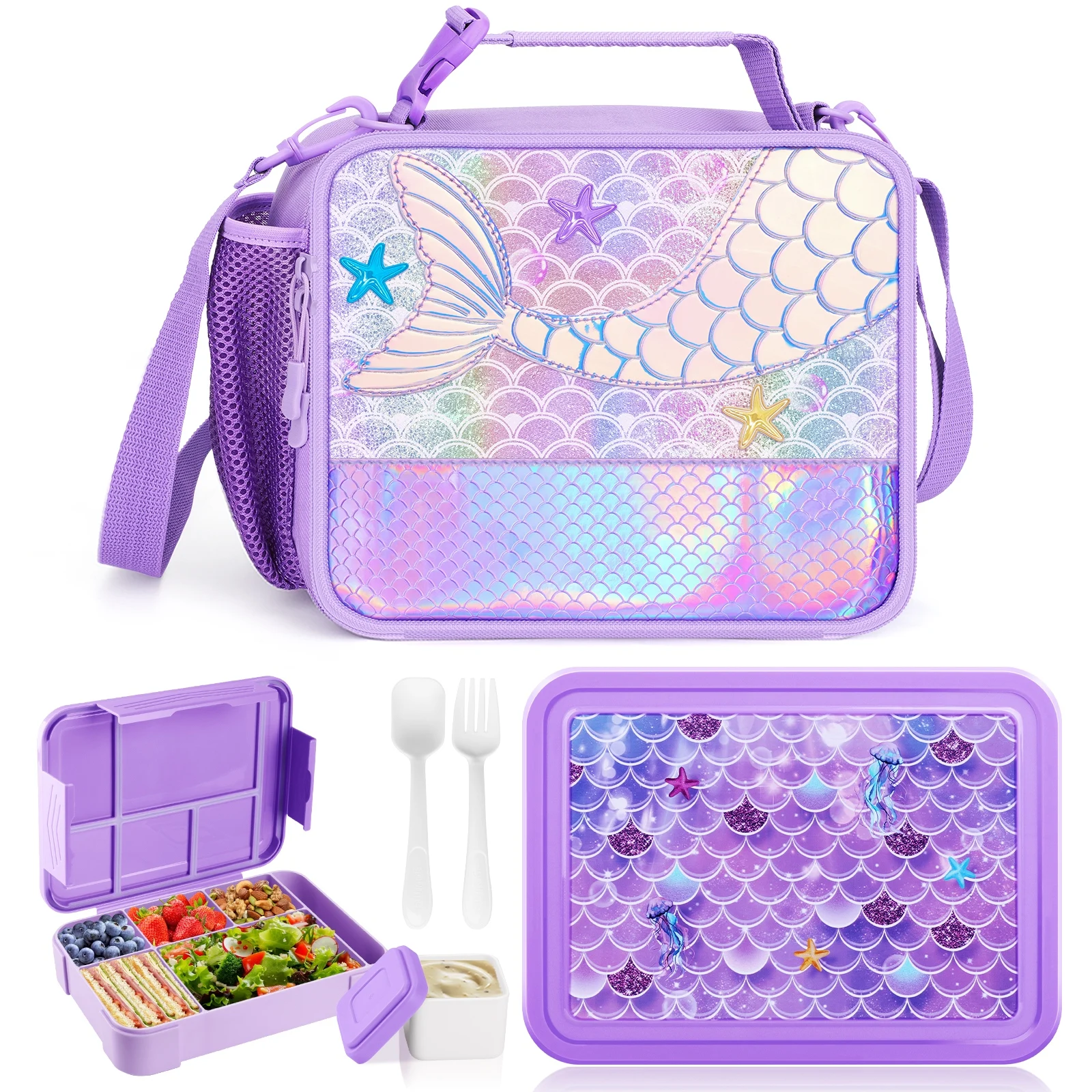 Meerjungfrau-Lunchbox für Kinder, Einhorn-Bento-Box mit Thermo-Lunch-Tasche für Schulkinder, auslaufsicherer Lebensmittelbehälter für Reisen