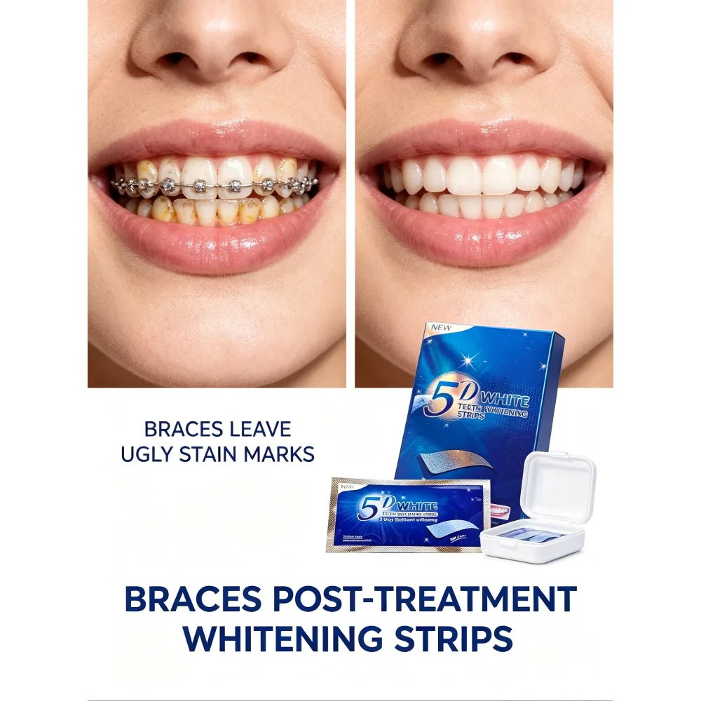 5D teeth whitening strips, individually wrapped for convenient use, easily remove yellow stains from teeth.