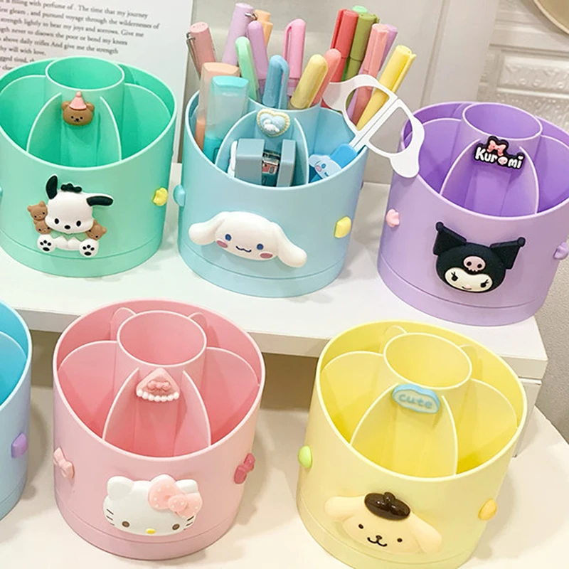 Imagem -03 - Kawaii Sanrio Rotativo Pen Holder Mesa Lápis Storage Box Organizador de Papelaria Grande Capacidade Cinnamoroll my Melody Kuromi