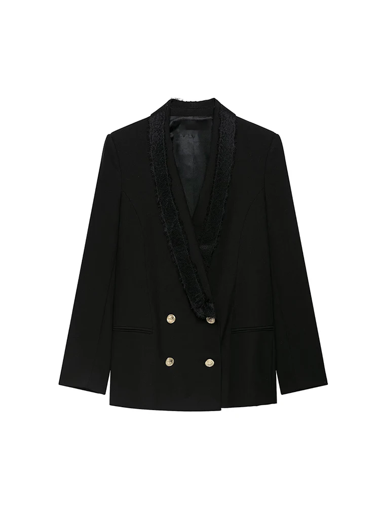 Spring Autumn Women Patchwork Straight Blazer Long Sleeve Double Breasted Lapel Collar Lace Spliced Elegant Lady Office Coat