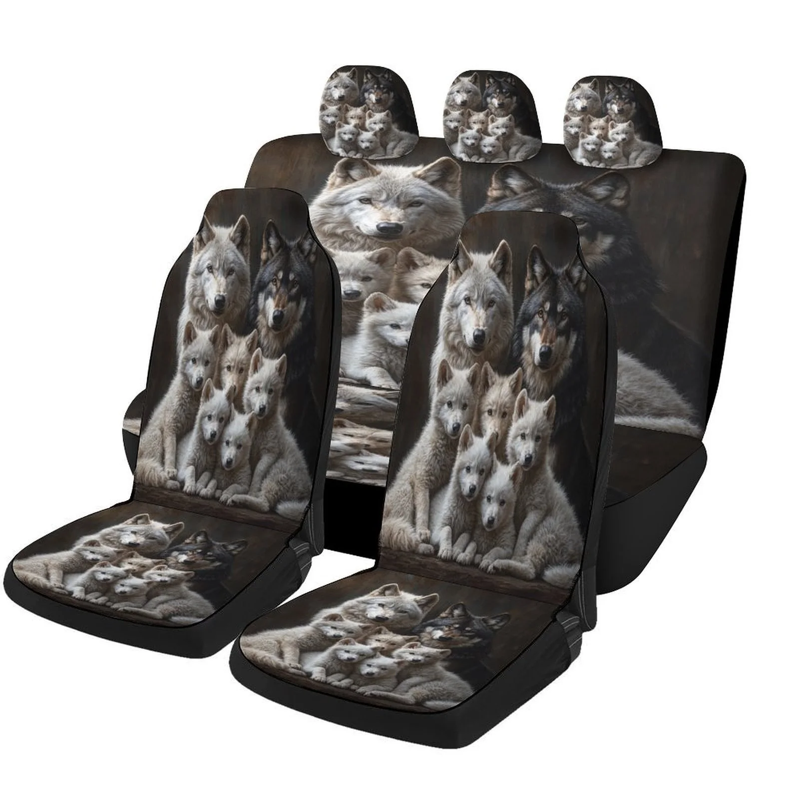 Wolf Family Designed Car Seat Cover Set For Most Cars, Trendy Novelty High-quality Car Seat Protector Covers Full Set, Universal