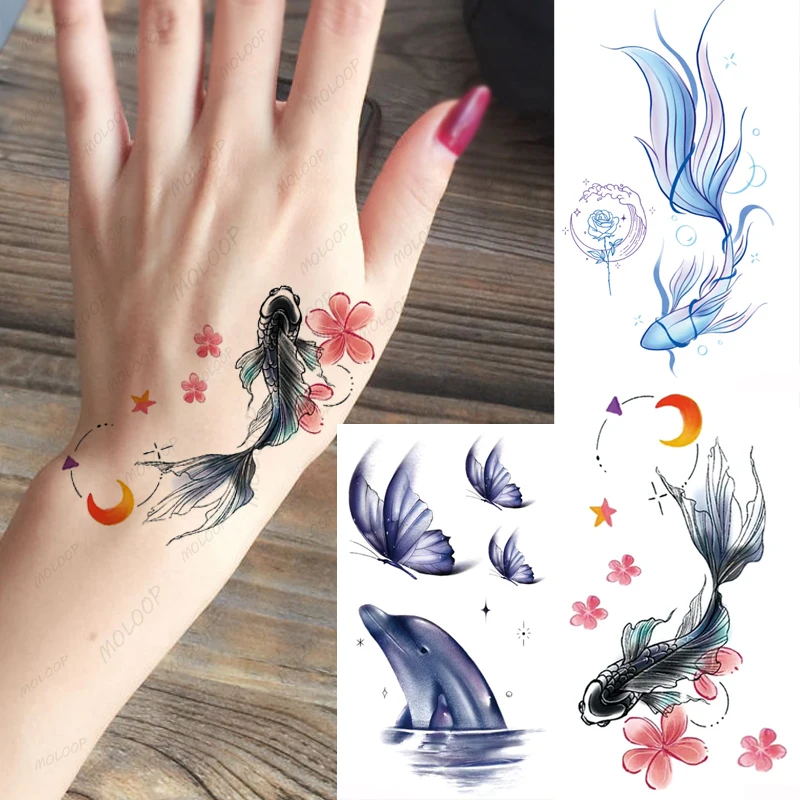 

Tattoo Stickers Luckly Fish Whale Tail Moon Flower Fake Tatto Waterproof Temporary Hand Tatoo for Women Men Makeup Art